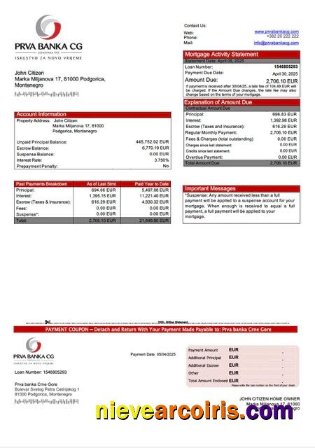 Montenegro Prva banka Crne Gore mortgage statement Word and PDF template